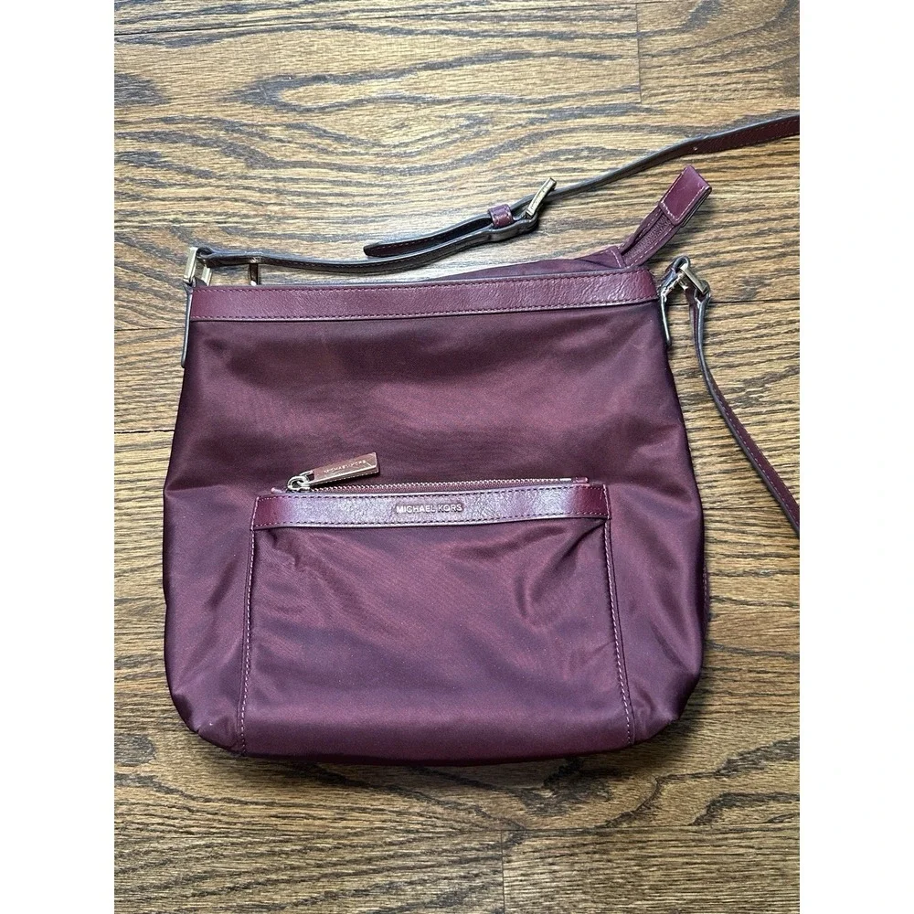Michael Kors Burgundy Morgan Nylon Leather Trim Crossbody Bag Gold Hardware